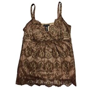 New York Company Layered Lace V Neck Y2K Babydoll Cami Small Brown Bronze Strap